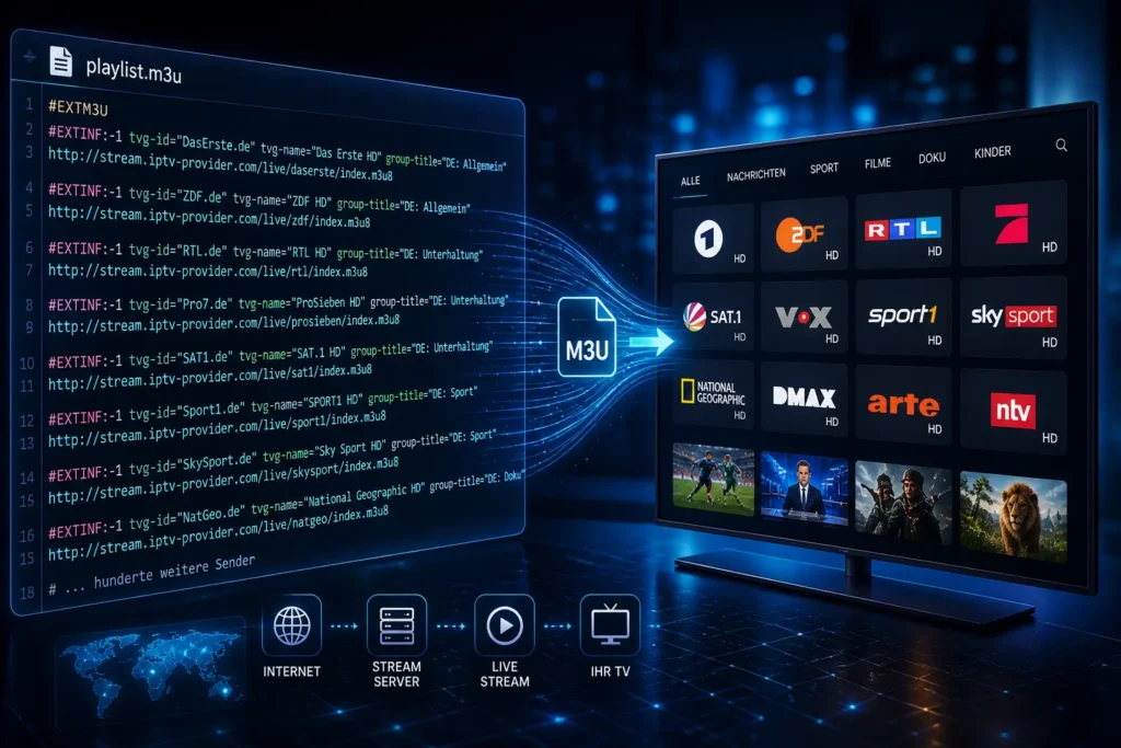 Darstellung einer IPTV M3U Playlist mit Streaming URLs und TV Sendern auf einem Bildschirm