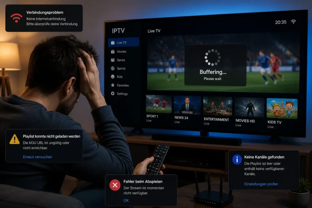 Frustrierter Nutzer vor TV mit IPTV Fehlern wie Buffering und Verbindungsproblemen