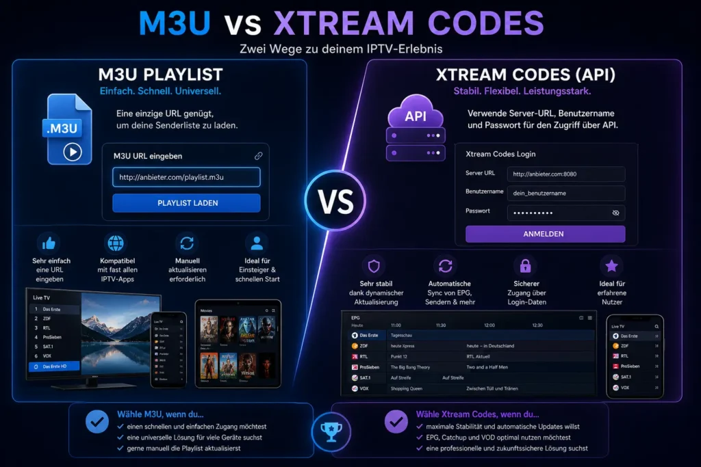 Vergleich zwischen IPTV M3U Playlist und Xtream Codes API mit Benutzeroberflächen für URL und Login Daten