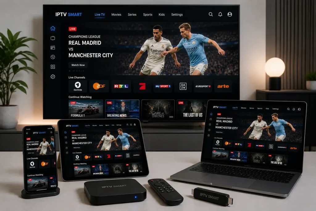 Mehrere Geräte zeigen gleichzeitig IPTV Inhalte auf Smart TV, Laptop, Tablet und Smartphone synchron