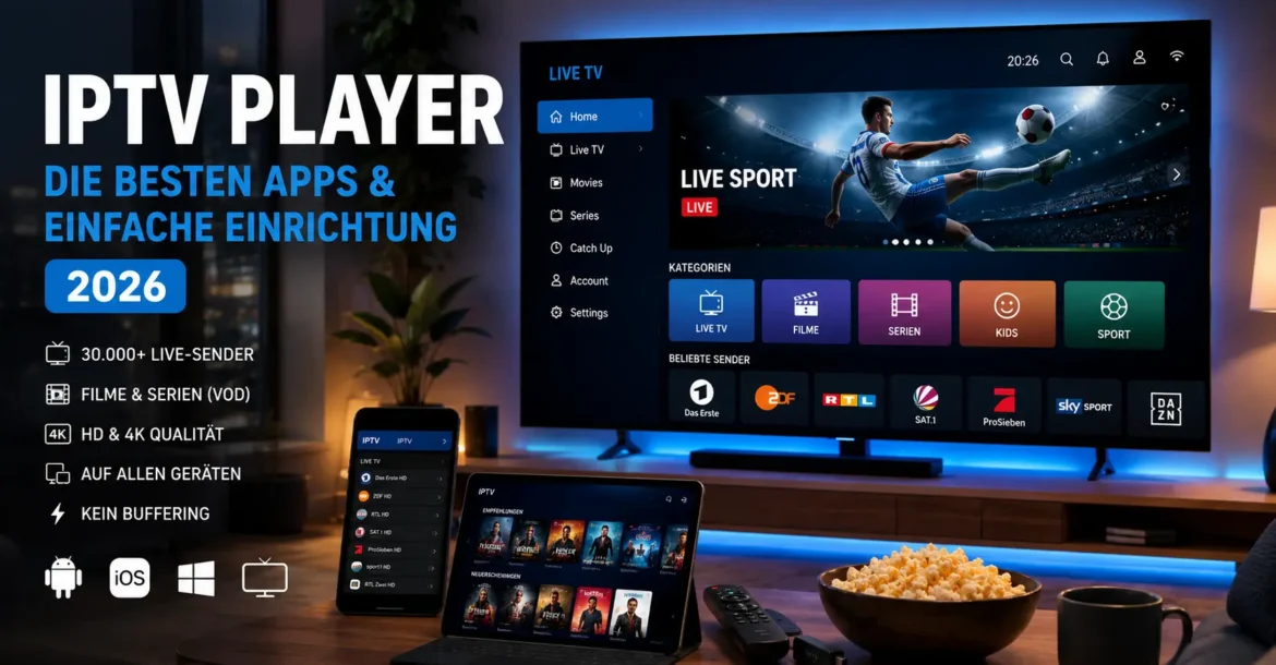 Moderner IPTV Player auf Smart TV mit Live-TV, Filmen und Serien sowie Smartphone und Tablet in einem modernen Wohnzimmer im Jahr 2026.