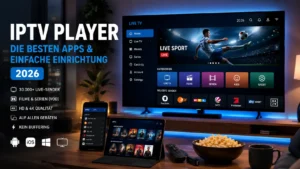 Moderner IPTV Player auf Smart TV mit Live-TV, Filmen und Serien sowie Smartphone und Tablet in einem modernen Wohnzimmer im Jahr 2026.