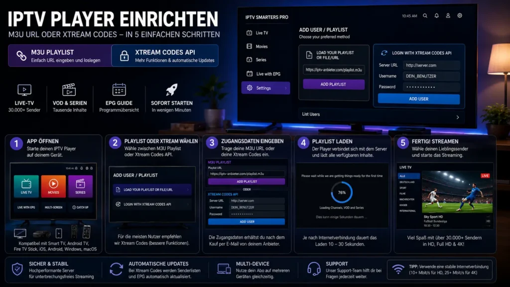 Anleitung zur Einrichtung eines IPTV Players mit M3U Playlist und Xtream Codes auf Smart TV und Streaming Geräten.