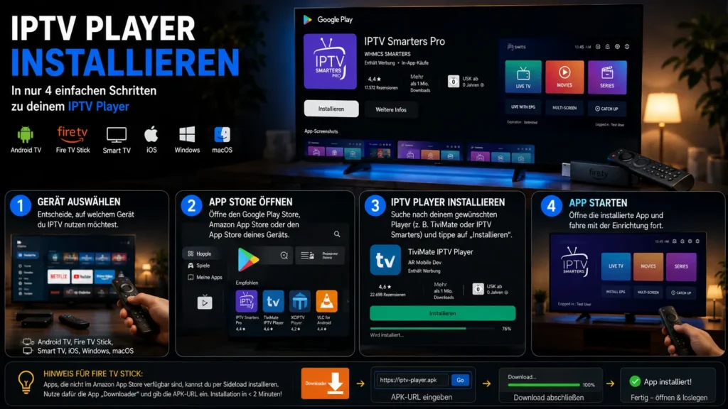Schritt-für-Schritt Anleitung zur Installation eines IPTV Players auf Smart TV, Fire TV Stick, Android und iOS Geräten.