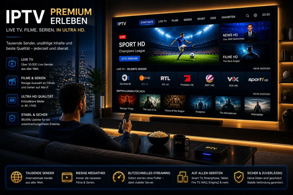 Modernes Wohnzimmer mit Ultra HD Fernseher zeigt IPTV Inhalte in 4K während eine Person entspannt ohne Buffering streamt