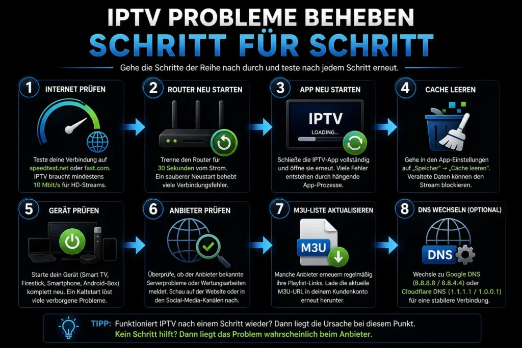 IPTV Probleme beheben Schritt für Schritt Anleitung mit Internet testen Router neu starten und Cache leeren