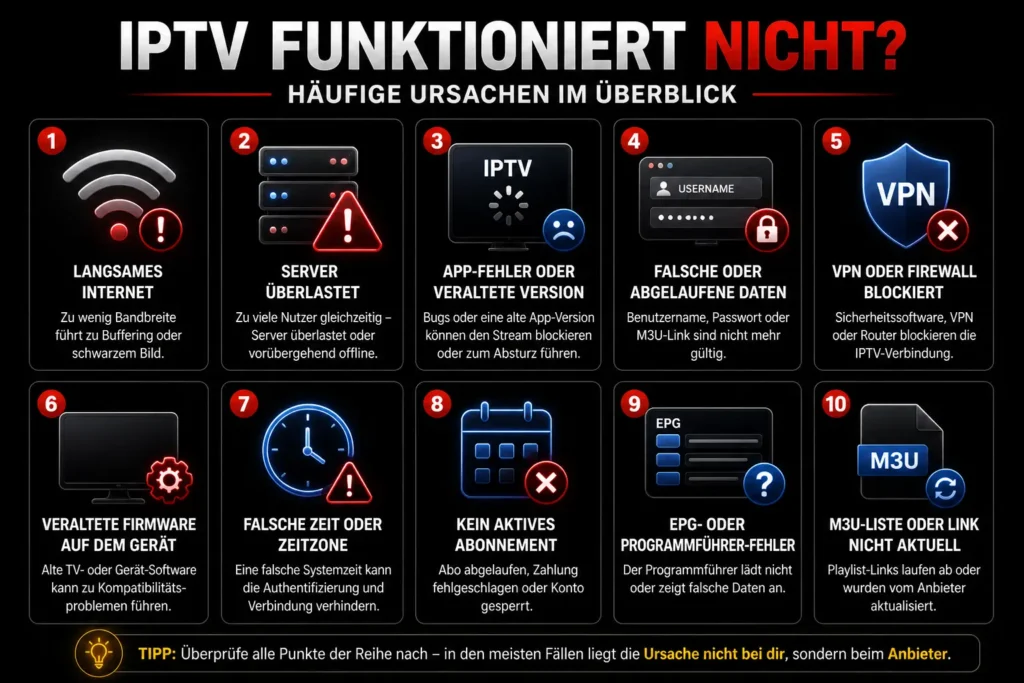 Häufige Ursachen warum IPTV nicht funktioniert wie langsames Internet, Serverprobleme oder falsche Daten
