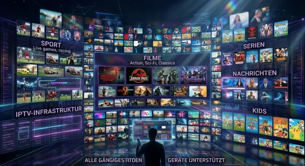 Große IPTV Senderübersicht mit vielen Kanälen aus Sport, Filme, Nachrichten und Kinderprogrammen