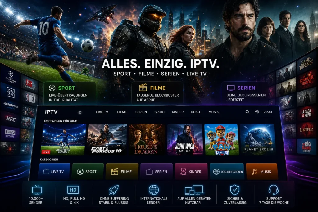 IPTV Inhalte mit Sportübertragungen Filmen und Serien in HD und 4K Qualität
