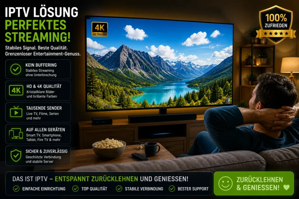 Zufriedener Nutzer schaut IPTV in HD und 4K Qualität auf Smart TV im Wohnzimmer ohne Signalprobleme