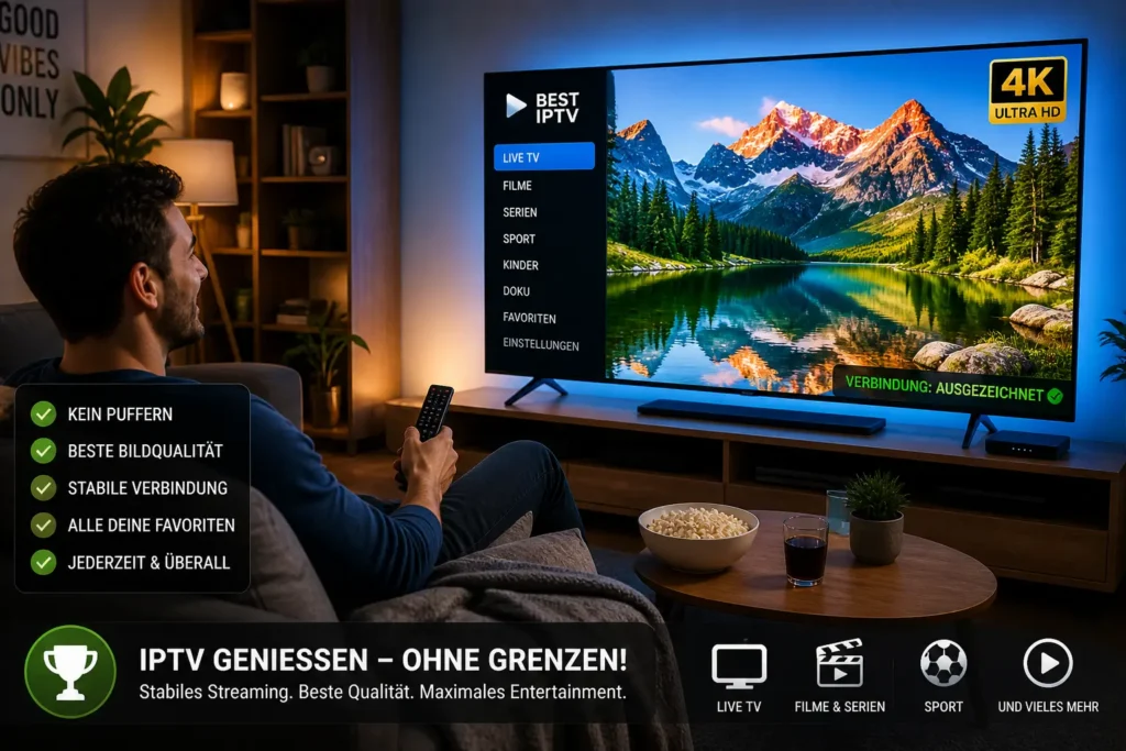 Entspannter Nutzer schaut flüssigen 4K IPTV Stream im modernen Wohnzimmer ohne Buffering