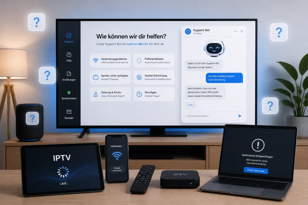 Moderne Tech Support Szene mit Chatbot auf Bildschirm und Fragezeichen um Geräte herum