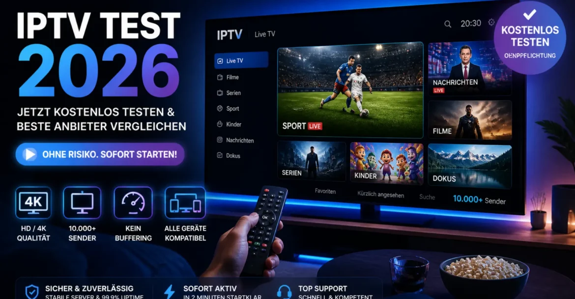 IPTV Test 2026 auf Smart TV mit 4K Streaming, 10000+ Sendern und kostenlosem Testzugang ohne Risiko
