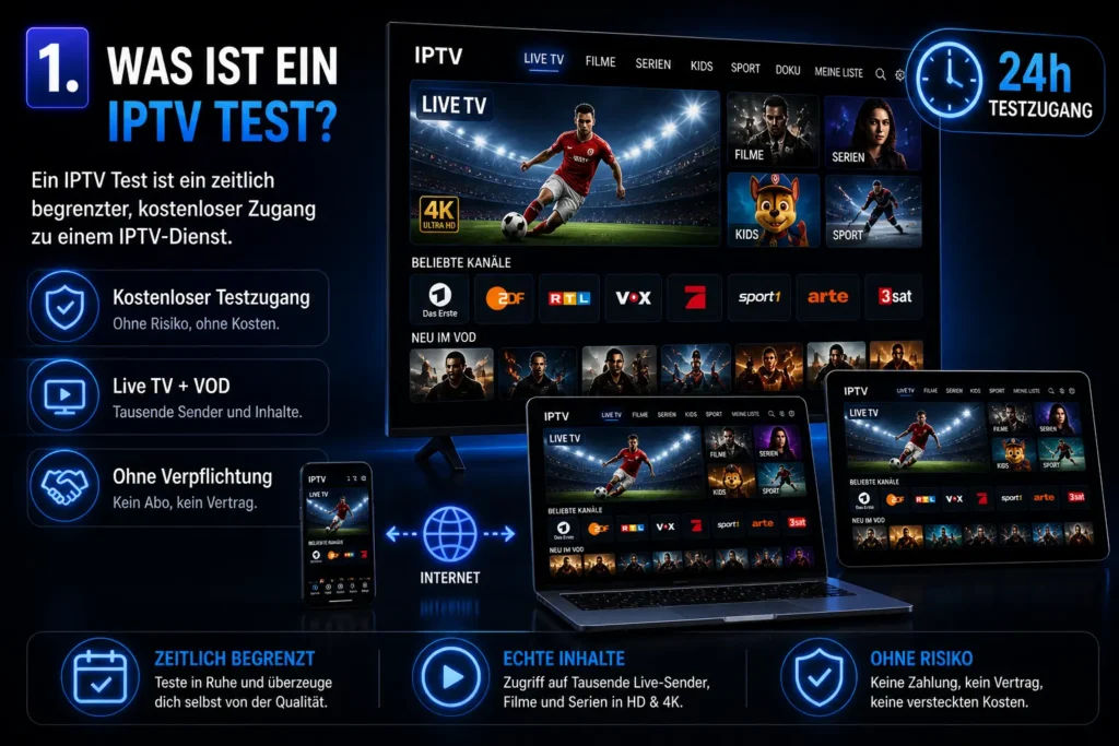 Was ist ein IPTV Test Erklärung mit Smart TV, Smartphone und Laptop – kostenloser IPTV Testzugang ohne Verpflichtung