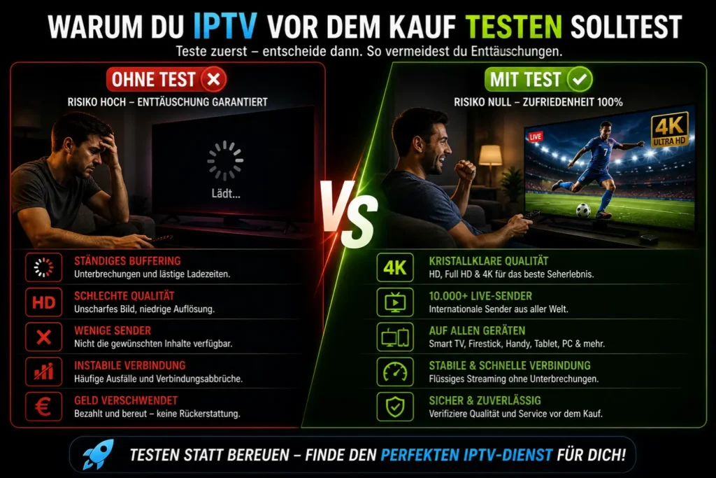 IPTV vor dem Kauf testen Vergleich ohne Test mit Buffering Problem und mit Test stabile 4K Qualität ohne Unterbrechung