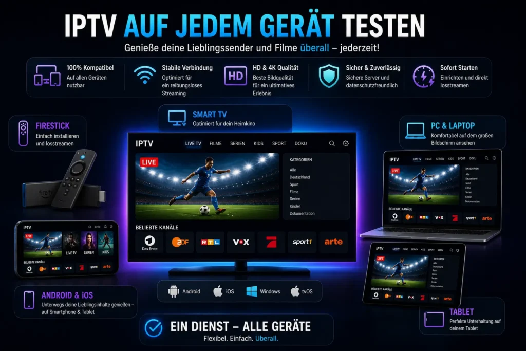 Vorteile eines kostenlosen IPTV Tests mit HD und 4K Qualität Multi Device Nutzung und über 10000 Sender ohne Risiko