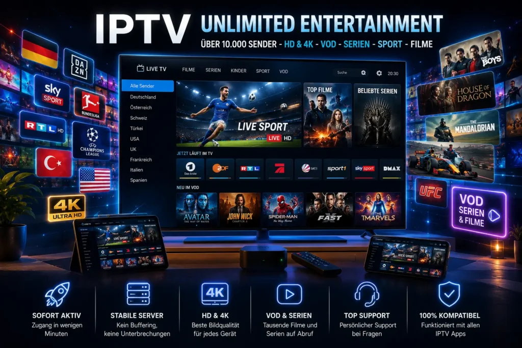 Moderne IPTV-Unterhaltung mit Live-TV, Sport, Filmen und Serien in HD und 4K auf mehreren Geräten.