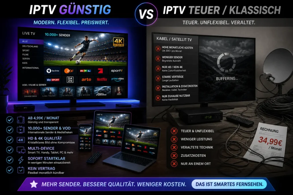 Vergleich zwischen modernem IPTV mit HD Qualität und veraltetem Kabel TV mit schlechter Leistung und hohen Kosten