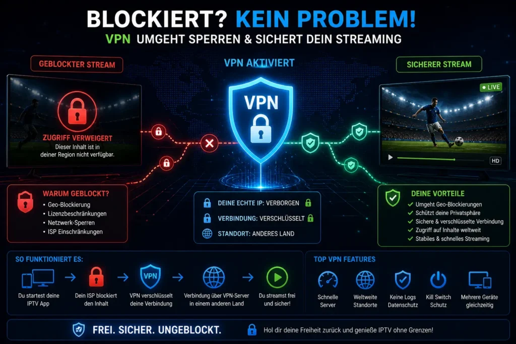Digitales Schloss blockiert Videostream während VPN Schild und Netzwerkverbindung dargestellt werden