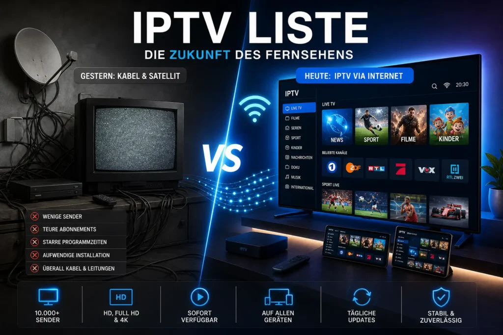 Vergleich zwischen klassischem Kabel-TV und moderner IPTV Streaming Technologie mit Smart TV