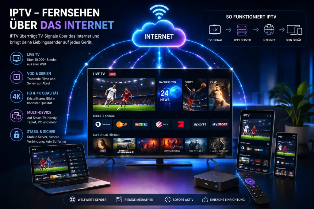 Infografik zeigt IPTV Streaming über das Internet auf Smart TV, Smartphone, Tablet und Laptop gleichzeitig