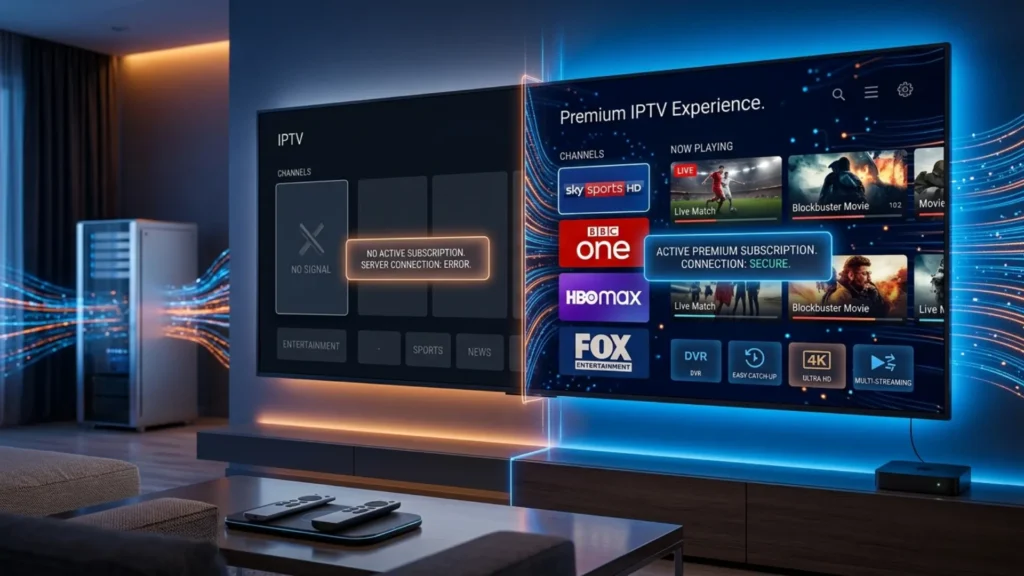 Smart-TV mit leerer IPTV-Oberfläche ohne aktives IPTV-Abonnement im Vergleich zu vollständig geladenen Live-TV-Kanälen.