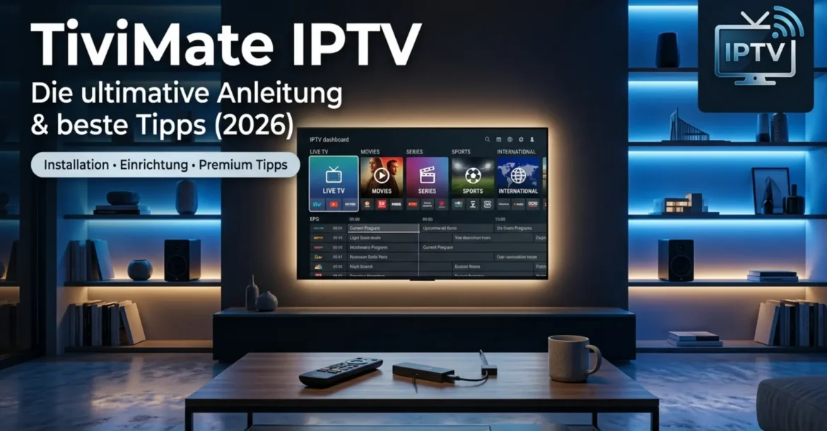 Großer Smart-TV mit moderner IPTV-Oberfläche im Wohnzimmer, inklusive Live-TV, EPG und Streaming-Funktionen für TiviMate IPTV.