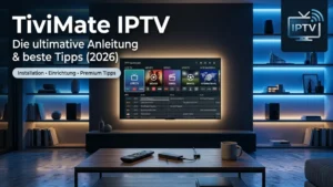 Großer Smart-TV mit moderner IPTV-Oberfläche im Wohnzimmer, inklusive Live-TV, EPG und Streaming-Funktionen für TiviMate IPTV.