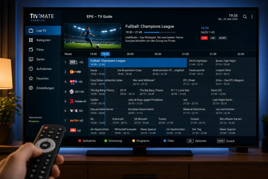 TiviMate IPTV-App auf Android TV mit EPG-Programmübersicht und Fernbedienung im Wohnzimmer.