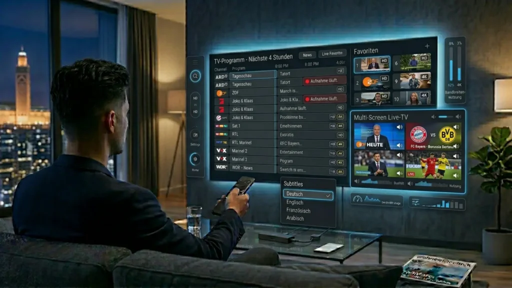 Moderne IPTV-Oberfläche mit EPG, Aufnahmefunktion, Multi-Screen und HD-Streaming auf Smart-TV.