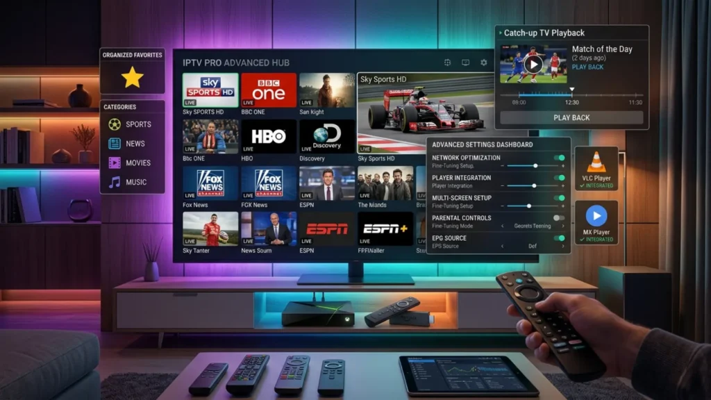 Fortgeschrittene IPTV-Funktionen mit Multi-Screen, Catch-up-TV und externen Videoplayern auf Android TV.