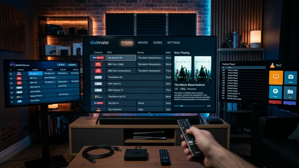 Vergleich zwischen verschiedenen IPTV-Apps auf Smart-TVs mit moderner TiviMate-ähnlicher Benutzeroberfläche in der Mitte.
