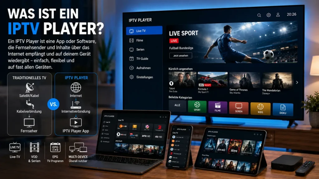 Infografik eines IPTV Players auf Smart TV, Laptop, Tablet und Smartphone mit Erklärung zu Live-TV, Serien und Streaming über das Internet.