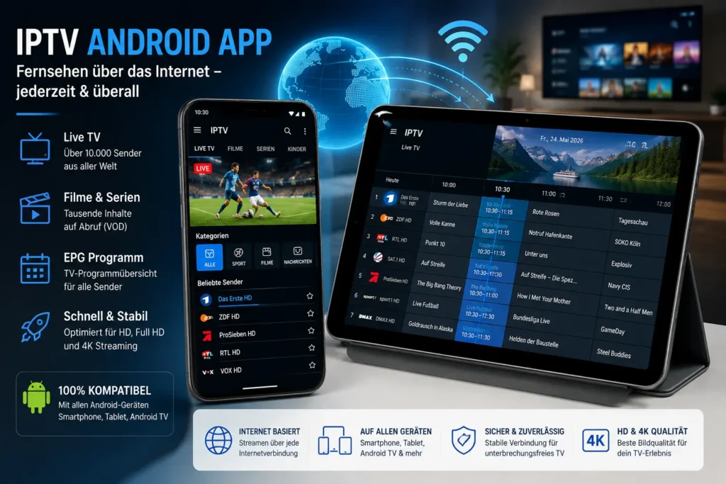 Smartphone und Tablet mit IPTV-App-Oberfläche für Live-TV, Filme und Serien auf Android-Geräten.