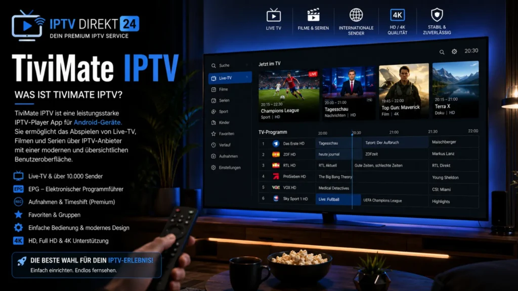 Moderne Android-TV-Oberfläche mit IPTV-Dashboard, Live-TV-Kanälen und EPG-Anzeige auf einem großen Smart-TV.
