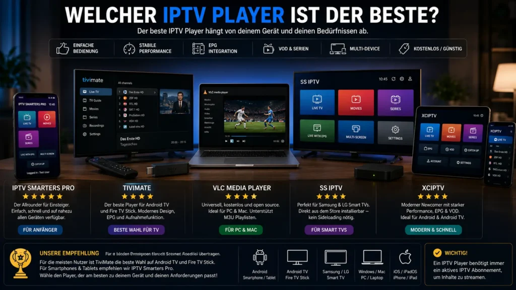Vergleich verschiedener IPTV Player Apps wie TiviMate, IPTV Smarters Pro, VLC und SS IPTV auf mehreren Geräten.