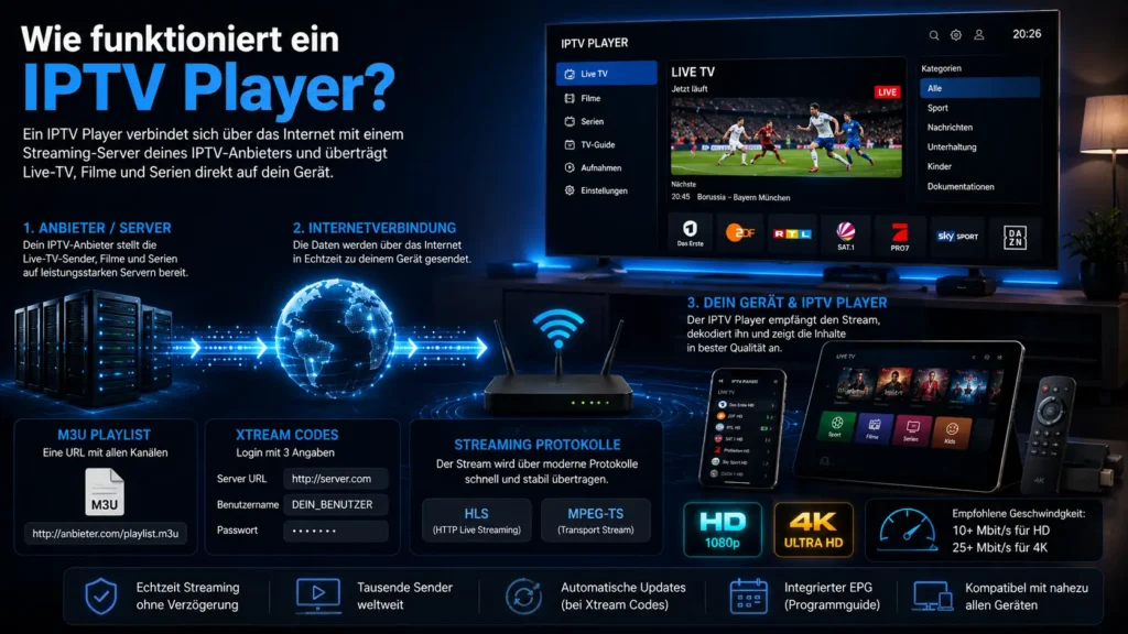 Technische IPTV Infografik mit Server, Internetverbindung, Router und Smart TV zur Erklärung von IPTV Streaming über M3U und Xtream Codes.