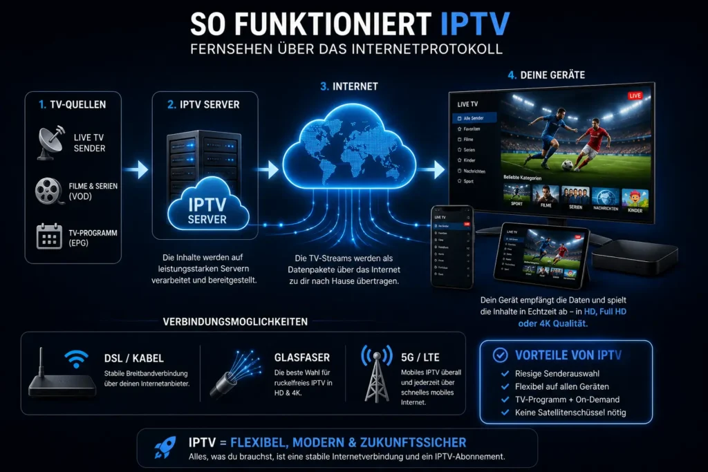 Infografik zur Funktionsweise von IPTV mit IPTV-Server, Internetverbindung und Android-Geräten.