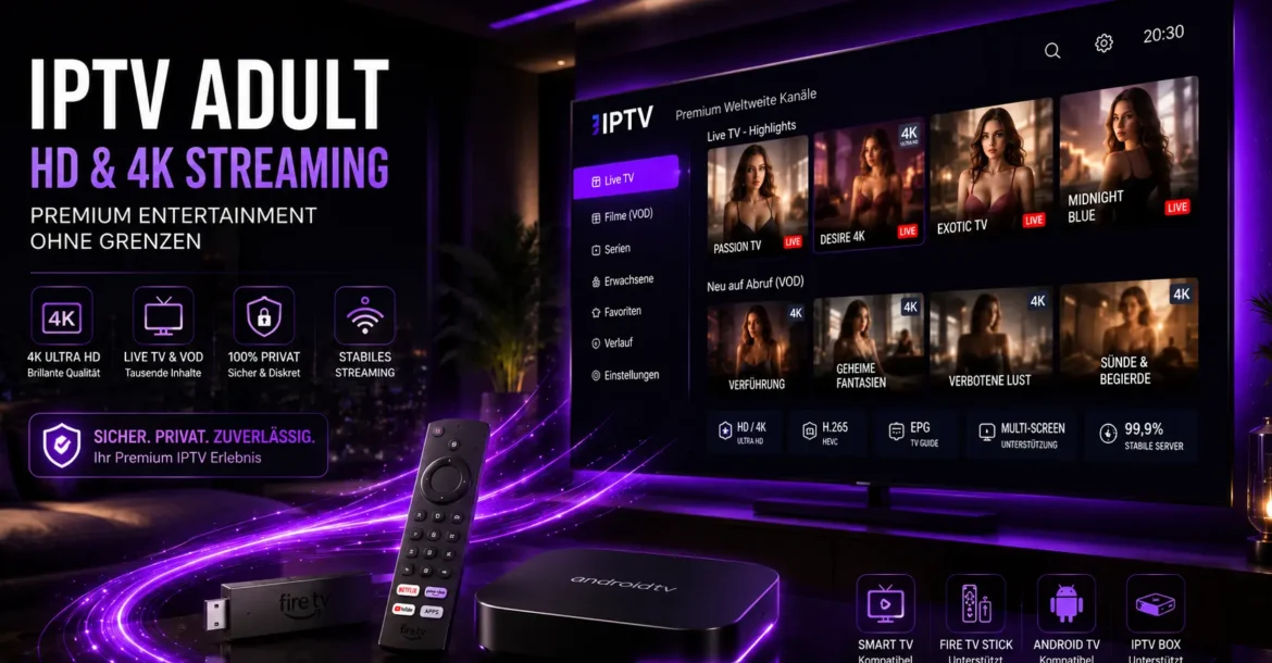 IPTV Adult HD und 4K Streaming Hero Banner mit Smart TV, Fire TV Stick und Android TV in modernem Wohnzimmer