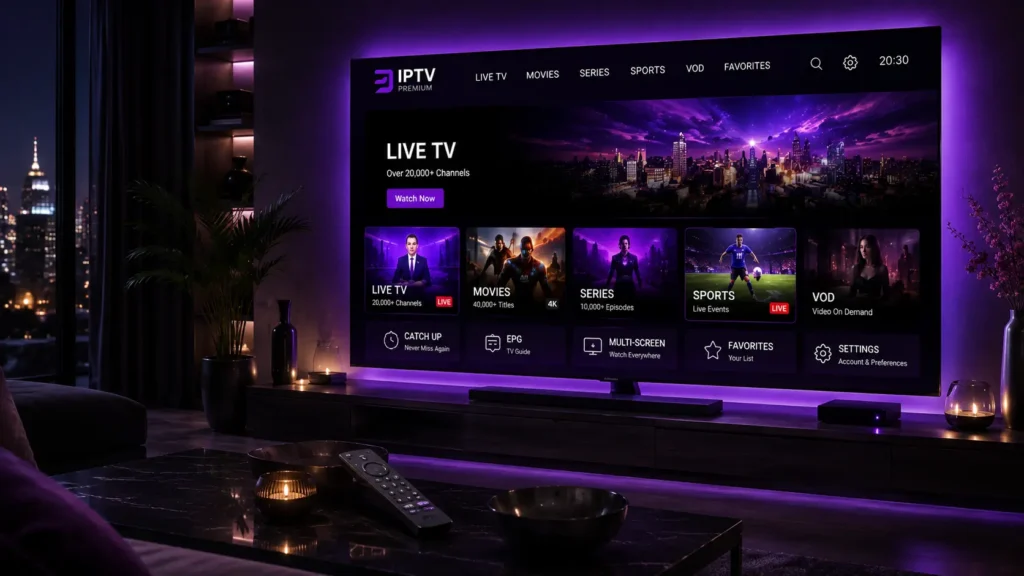IPTV Streaming-Oberfläche mit Live TV, Filme, Sport und Video-on-Demand auf einem 4K Smart TV
