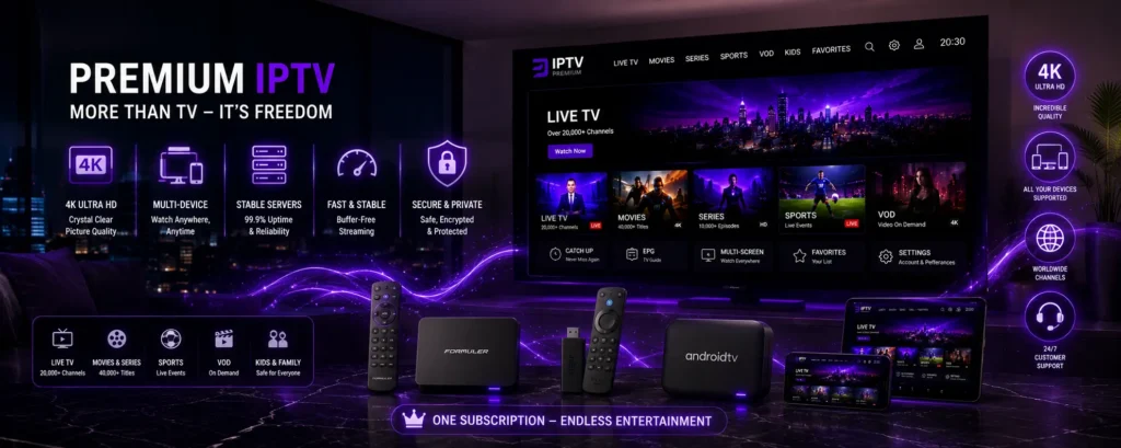 Premium IPTV Vorteile mit 4K Streaming, Multi-Device-Unterstützung und stabilen Servern