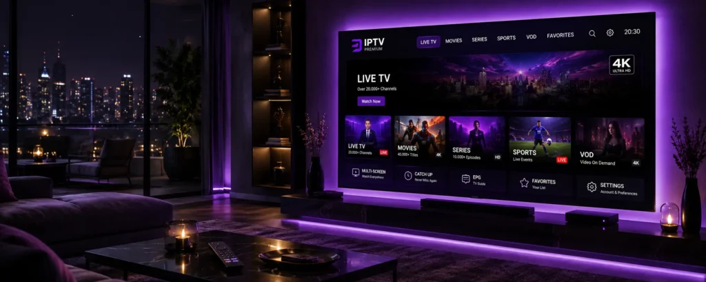 IPTV Adult auf modernem 4K Smart TV mit Premium Streaming-Oberfläche und violetter Ambientebeleuchtung