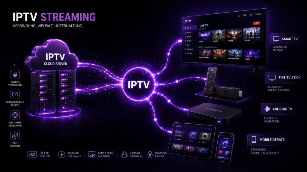 IPTV Netzwerk mit Cloud-Server, Smart TV, Fire TV Stick, Android TV und mobilen Geräten