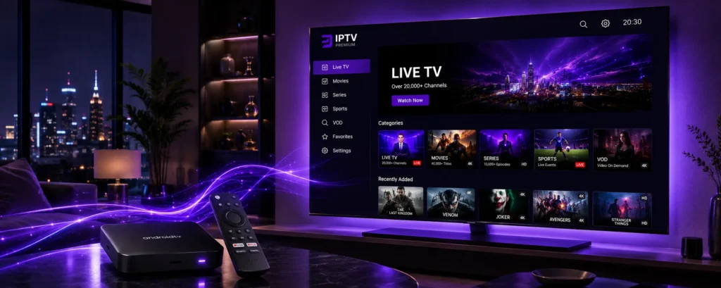 Android TV Box mit IPTV-Oberfläche auf einem modernen 4K Smart TV