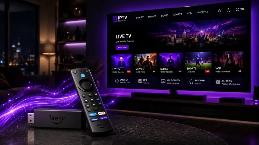 Amazon Fire TV Stick mit Fernbedienung und IPTV Streaming auf einem 4K Smart TV