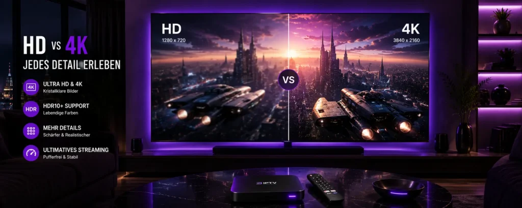 Vergleich zwischen HD- und 4K-Streaming auf einem großen Smart TV mit IPTV