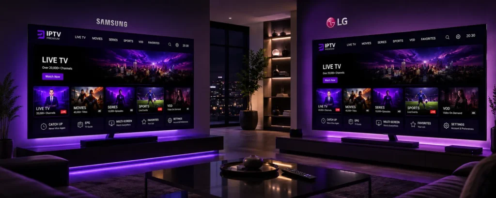 Samsung und LG Smart TVs mit Premium IPTV-Oberfläche und 4K Streaming in modernem Wohnzimmer