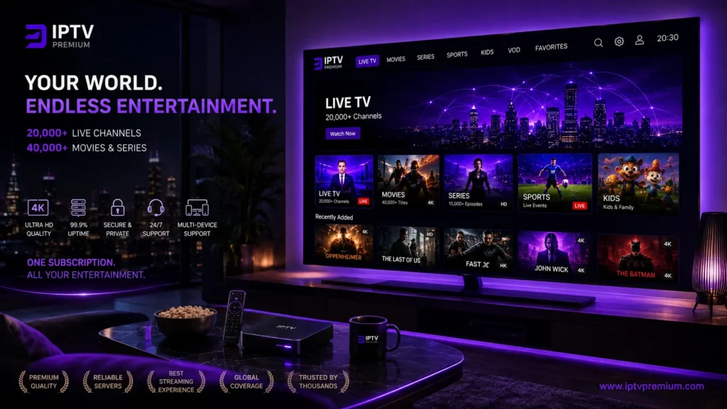 Premium IPTV Service von IPTVDirekt24 mit 4K Smart TV und moderner Streaming-Oberfläche